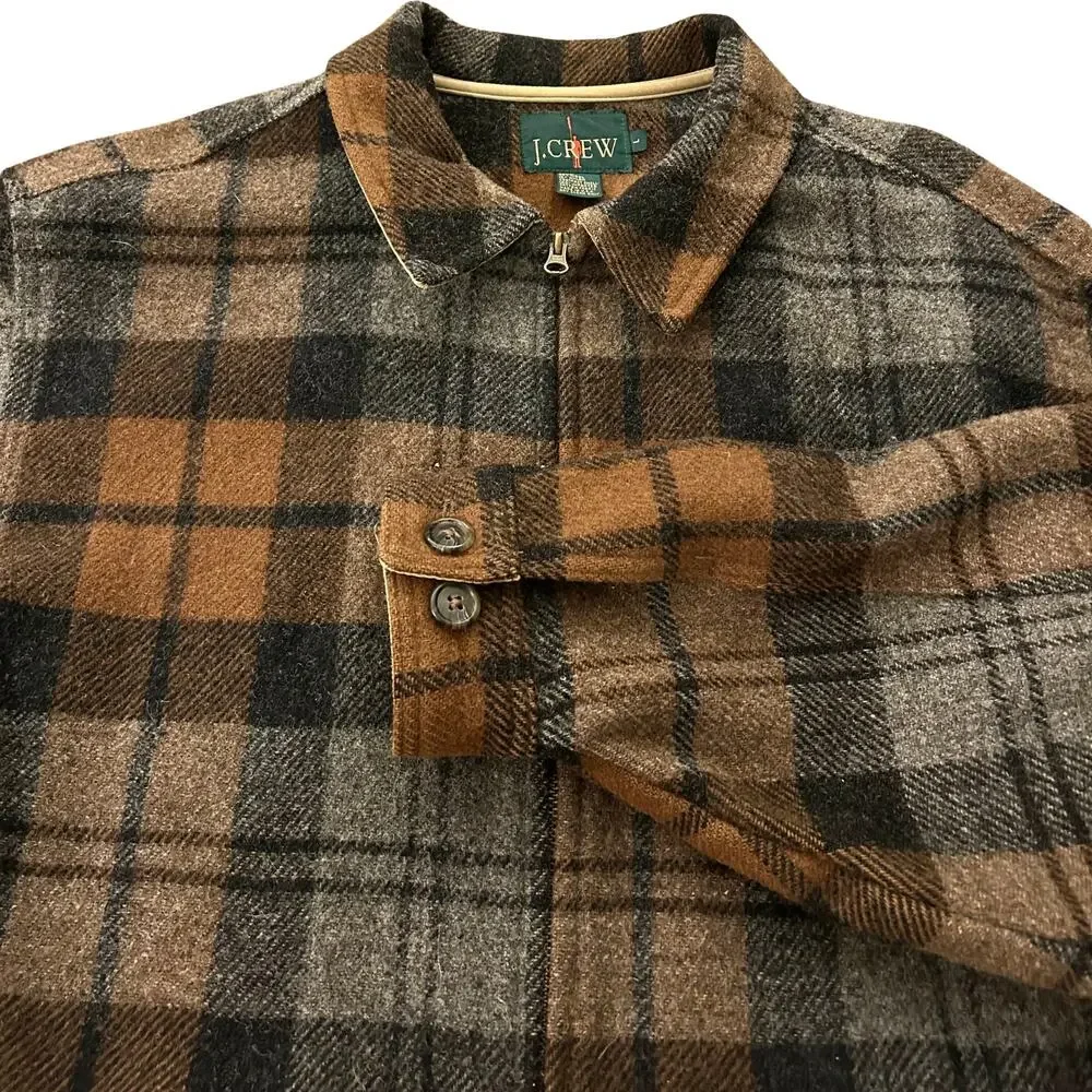 Vintage J.Crew Wool Plaid Zip Jacket Brown Gray Made in USA Mens L Unisex
